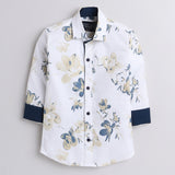 Polka Tots Full Sleeves Shirt Yellow Blue Floral Print - White - Laadlee