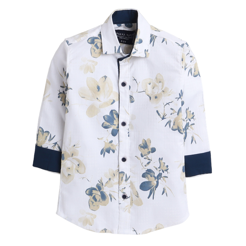 Polka Tots Full Sleeves Shirt Yellow Blue Floral Print - White - Laadlee