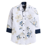 Polka Tots Full Sleeves Baby Shirt Yellow Blue Floral Print - White - Laadlee