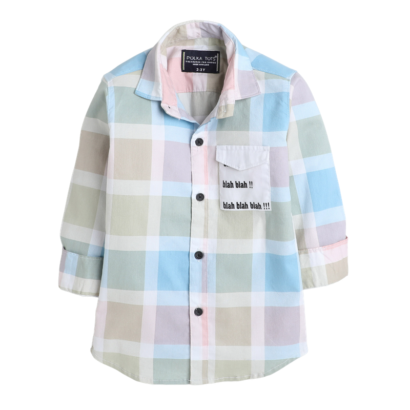 Polka Tots Full Sleeves Big Check Shirt With Blah Blah Pocket Print - Cream and Green - Laadlee