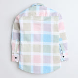 Polka Tots Full Sleeves Big Check Baby Shirt With Blah Blah Pocket Print - Cream and Green - Laadlee