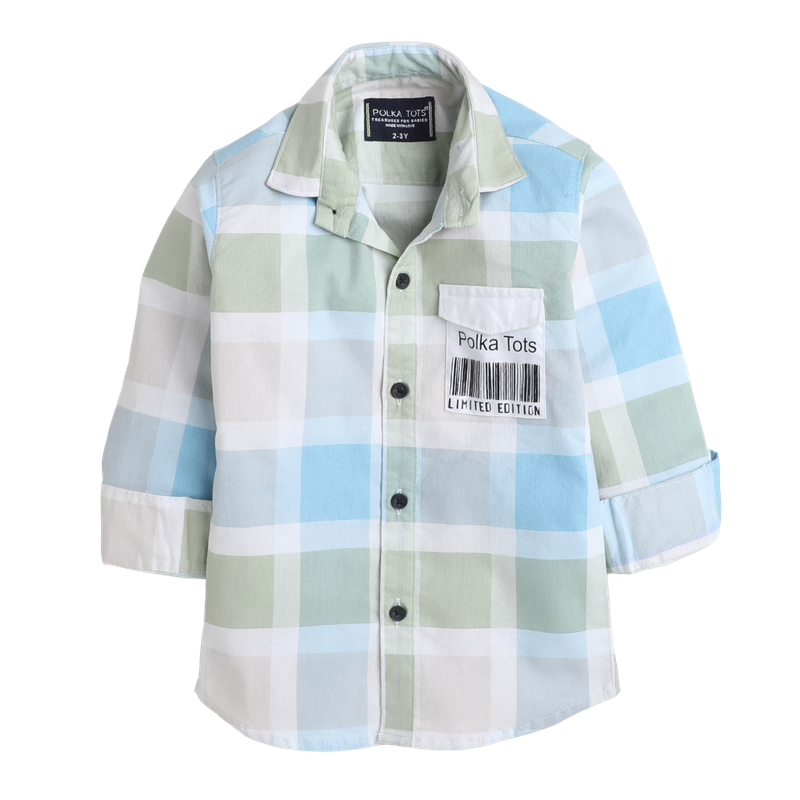 Polka Tots Full Sleeves Big Check Shirt With Polka Tots Pocket Print - Cream and Green - Laadlee