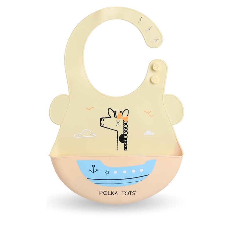 Polka Tots Waterproof Silicone Bibs with Pocket and Adjustable Snaps - Boat - Laadlee