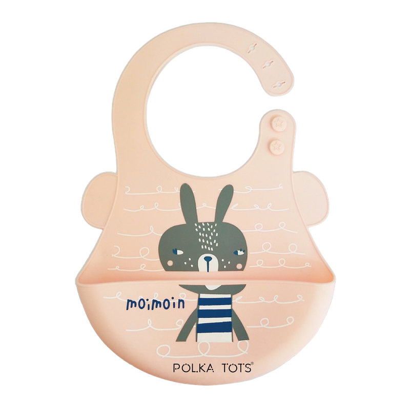 Polka Tots Waterproof Silicone Bibs with Pocket and Adjustable Snaps - Bunny - Laadlee