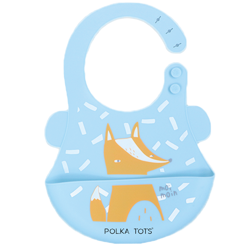 Polka Tots Waterproof Silicone Bibs with Pocket and Adjustable Snaps Fox - Sky Blue - Laadlee