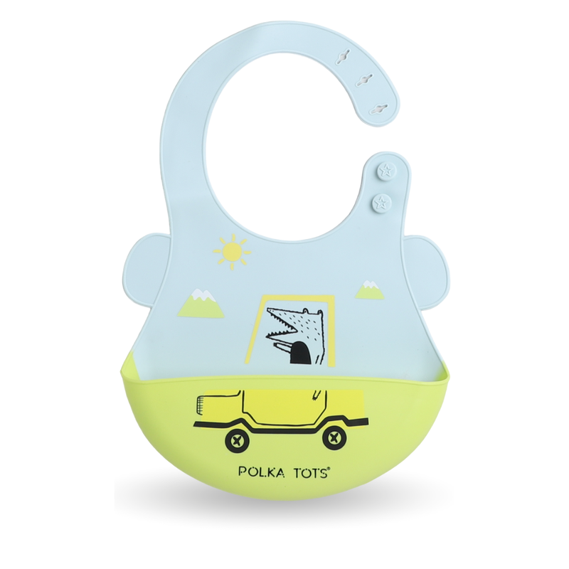 Polka Tots Waterproof Silicone Bibs with Pocket and Adjustable Snaps - Car - Laadlee