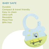 Polka Tots Waterproof Silicone Bibs with Pocket and Adjustable Snaps - Car - Laadlee