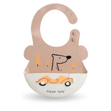 Polka Tots Waterproof Silicone Bibs with Pocket and Adjustable Snaps Car - Light Brown - Laadlee