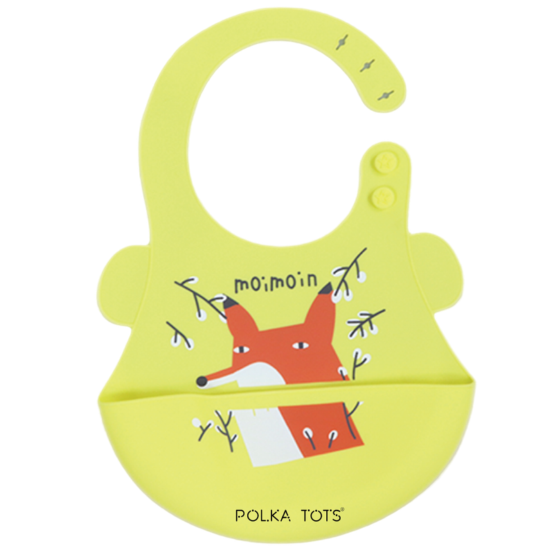 Polka Tots Waterproof Silicone Bibs with Pocket and Adjustable Snaps - Fox - Laadlee