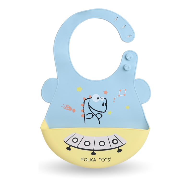 Polka Tots Waterproof Silicone Bibs with Pocket and Adjustable Snaps - Spaceship - Laadlee