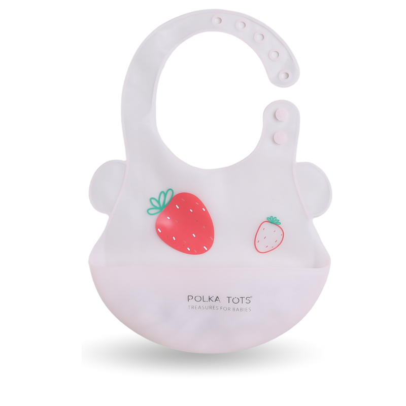 Polka Tots Waterproof Silicone Bibs with Pocket and Adjustable Snaps - Strawberry - Laadlee