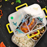 Eazy Kids 3 Compartment Stainless Steel bento Lunch Box, 800ml With Lunch Bag - T- Rex Purple