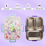 Eazy Kids 3 Compartment Stainless Steel bento Lunch Box, 800ml With Lunch Bag - Floral Purple