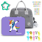 Eazy Kids Unicorn 6 Compartment Bento Lunch Box Purple With Lunch Bag Grey