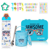 Eazy Kids Jawsome 6 Compartment Bento Lunch Box With 2in1 Tritan Water Bottle and Steel Food Jar - Blue