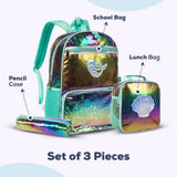 Eazy Kids Mermaid Shell 17Inch School Bag, Lunch Bag And Pencil Case - Green (Set of 3)
