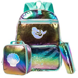 Eazy Kids Mermaid Shell 17Inch School Bag, Lunch Bag And Pencil Case - Green (Set of 3)