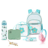 Eazy Kids 18" Backpack With Water Bottle, Lunch Box, Lunch Bag and Pencil Case & BT Headset - Flora Green