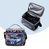 Eazy Kids Car Racing 18Inch Backpack with 4 Wheel Trolley, Lunch Bag and Pencil Case Set (Set of 4)