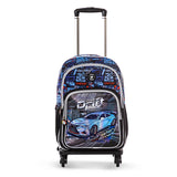 Eazy Kids Car Racing 18Inch Backpack with 4 Wheel Trolley, Lunch Bag and Pencil Case Set (Set of 4)