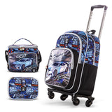 Eazy Kids Car Racing 18Inch Backpack with 4 Wheel Trolley, Lunch Bag and Pencil Case Set (Set of 4)