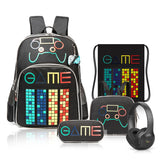Eazy Kids Gen Z Gamer 17 Inch School Bag with Headset, Lunch Bag, Activity Bag and Pencil Case Set - Black (Set of 5)