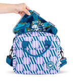 Eazy Kids 6 & 4 Convertible Bento Lunch Box With Lunch Bag, Steel Spoon & Fork Set and Alphabets Sticker - T-Rex Grey