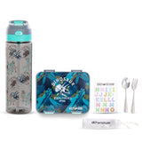 Eazy Kids 6 & 4 Convertible Bento Lunch Box With Water Bottle, Steel Spoon & Fork Set and Alphabets Sticker - T-Rex Grey