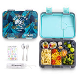 Eazy Kids 6 & 4 Convertible Bento Lunch Box With Water Bottle, Steel Spoon & Fork Set and Alphabets Sticker - T-Rex Grey