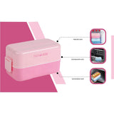 Eazy Kids Double Decker tic-tac-toe Lunch Box With Bento Compartment Splitter Sauce Box and Spoon - Pink (1200ml)