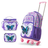 Eazy Kids 18" Set of 9 Backpack with 4 Wheel Trolley, Lunch Bag and Pencil Case - 3D Butterfly Purple