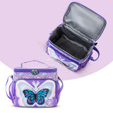 Eazy Kids 18" Set of 9 Backpack with 4 Wheel Trolley, Lunch Bag and Pencil Case - 3D Butterfly Purple