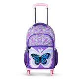 Eazy Kids 18" Set of 9 Backpack with 4 Wheel Trolley, Lunch Bag and Pencil Case - 3D Butterfly Purple