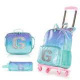 Eazy Kids Girl Glitter 17Inch Backpack with 4 Wheel Trolley, Lunch Bag and Pencil Case Set - Green (Set of 4)