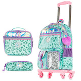 Eazy Kids Love 17Inch School Bag With 4 Wheel Trolley, Lunch Bag and Pencil Pouch Set - Green (Set of 4)