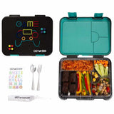 Eazy Kids 6 & 4 Convertible Bento Lunch Box With Lunch Bag, Steel Spoon & Fork Set and Alphabets Sticker - Gamer