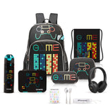 Eazy Kids 17Inch School Bag With Water Bottle, Lunch Box, Lunch Bag, Activity Bag and Pencil Case & BT Headset Gen Z Gamer - Black
