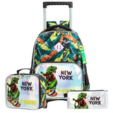 Eazy Kids New York Dinosaur 16Inch Trolley School Bag, Lunch Bag & Pencil Case - Green (Set of 3)