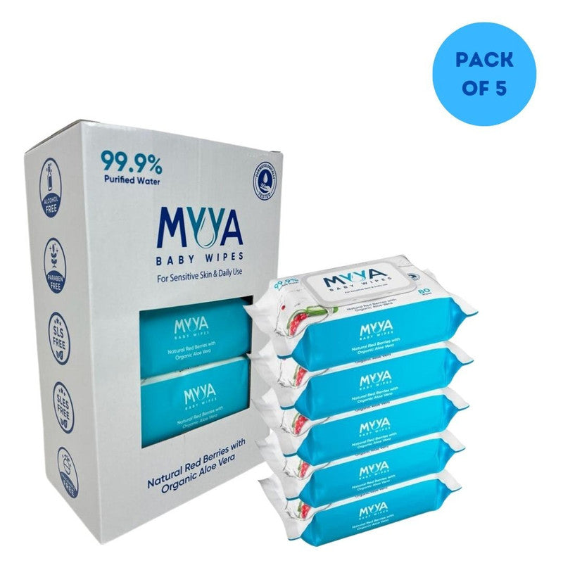 Myya Baby Wipes - Natural Red Berries with Organic Aloe Vera - Pack of 5 (400pcs) - Laadlee