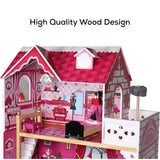 Little Story Wooden Dollhouse Triple Floor Extra large w/ Escalator, Furniture and Accessories - Pink