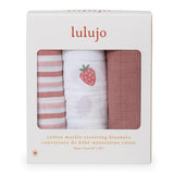 Lulujo Muslin Cloths 100% cotton (70cm x 70cm) - Strawberries (Pack of 3)