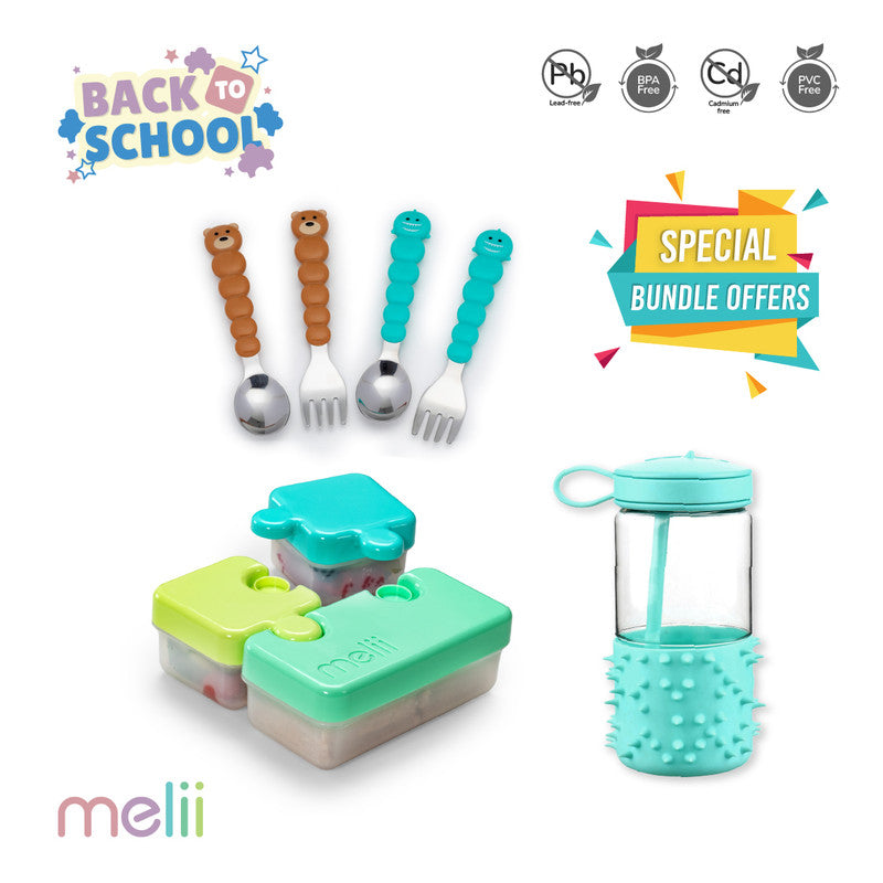 Melii Back To School Bundle - Snack Box, Bottle & Utensil Set - Brown & Turquoise - Laadlee