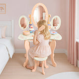 Little Angel Kids Wooden Princess Dressing Table Playset With 3 Mirror & Stool - Pink