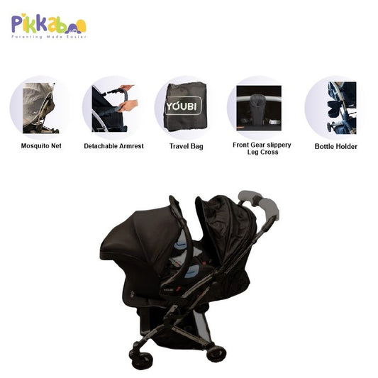 Youbi Toddler German Travel System with New Born Attachment - Black - Laadlee