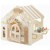 MYTS Kids Indoor Luxury Playhouse Tent With Striped Roof & Activity Table - Beige