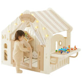 MYTS Kids Indoor Luxury Playhouse Tent With Striped Roof & Activity Table - Beige