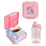 Nova Kids 3 Compartment Bento Lunch Box With Water Bottle, Spoon & Fork Set and Stainless Steel Jar - Unicorn Pink