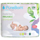PureBorn Organic Bamboo Ultra Soft (Up To 5Kg) Nappies Size 1 Clouds Print - 136 Pcs