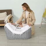 Teknum Infant Wicker Pod Moses Basket With White Waffle Beddings - Wooden Grey