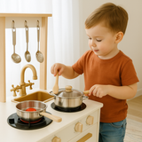 Little Angel Wooden Kitchen Pretend Interactive Play Set - Cream
